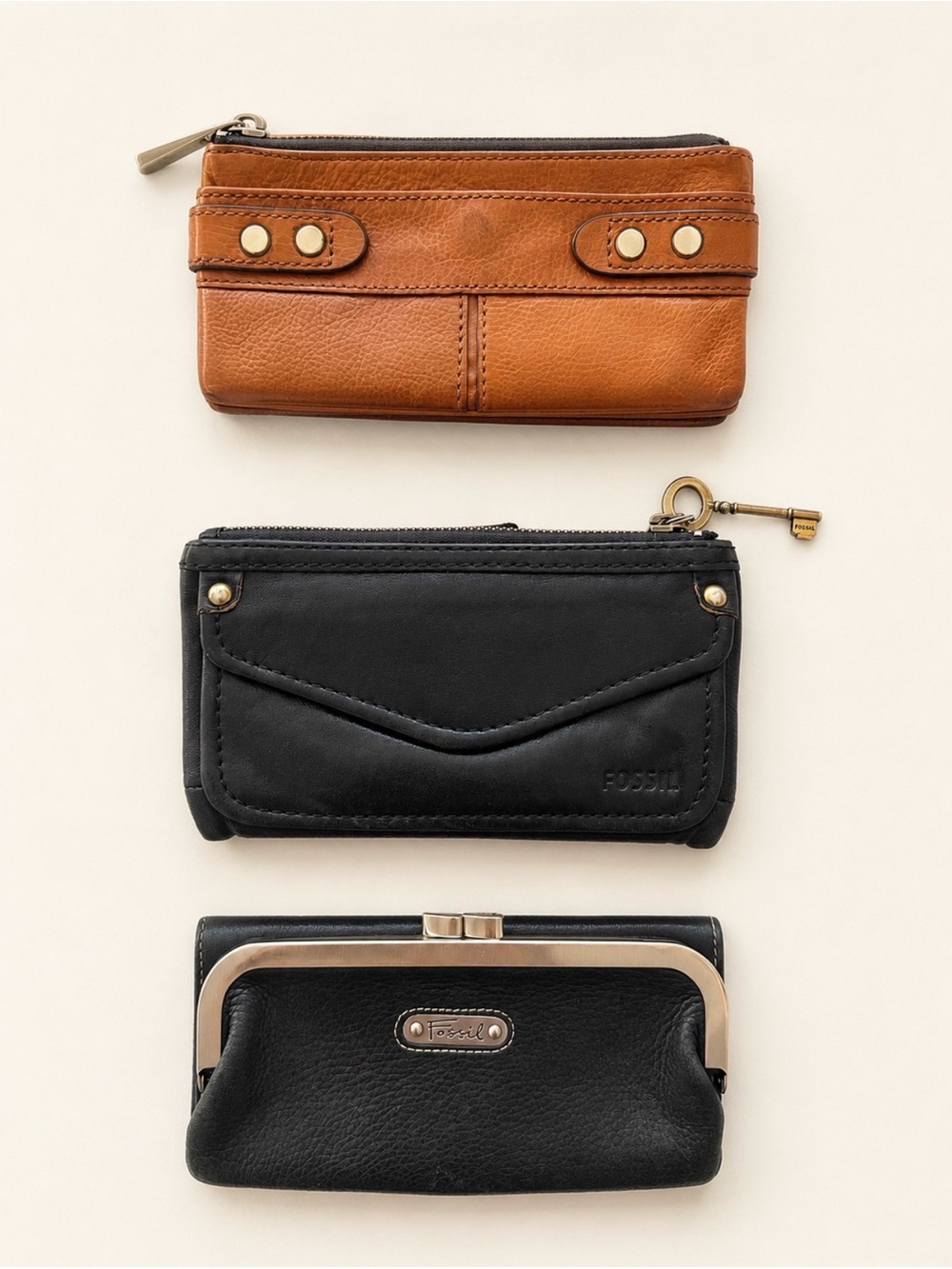 Vintage Fossil Leather Wallet Trio Black Tan Zip Clutch Coin Genuine Leather Set
